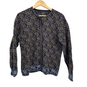 Made in Germany 100% Merino Wool Blue and Grey Floral Button Up Cardigan Size 42